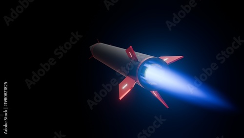 3D Black Missile Rocket with Intense Blue Thruster Fire and Red Wings on Black