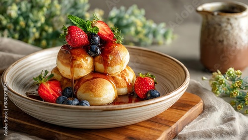 Delicious mini pancakes with fresh berries and maple syrup