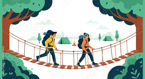 Two hikers carefully cross a rope bridge in a lush forest setting