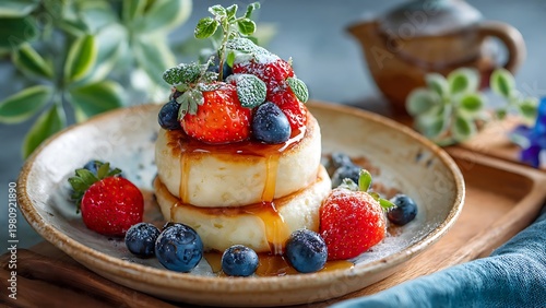Powdery sugar pancakes with fresh berries and drizzling maple syrup