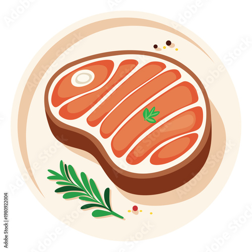 Close-up illustration of a raw beef steak with rosemary and peppercorns, presented on a white plate with a warm, inviting mood and a simple, clean background