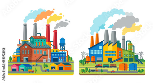 Industrial factories emitting pollution with vibrant colorful illustration style