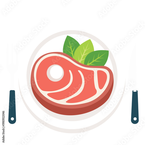 A raw, marbled steak is presented on a white plate with green leaves, accompanied by a fork and knife, set against a clean white background with a simple, modern aesthetic