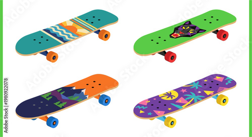 Four colorful skateboards with unique graphic designs are displayed overhead
