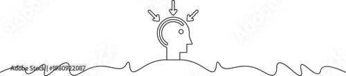 A minimalist line drawing of a human head with arrows pointing to it, emerging from a wavy line on a white background