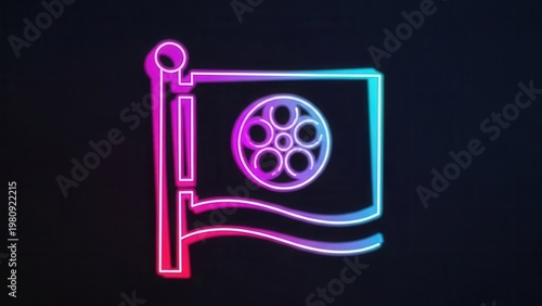 Vibrant neon flag icon featuring a glowing revolver cylinder graphic on a dark background digital