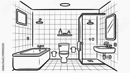 A minimalist line drawing of a bathroom, featuring a bathtub, toilet, shower with glass enclosure, sink, shelves with toiletries, and a mirror. The room is tiled with a clean and functional design.