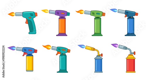 Collection of colorful cartoon blowtorches with vibrant stylized flames