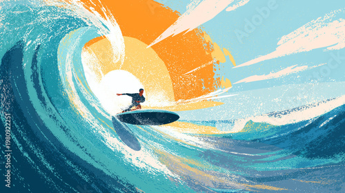 Surfer riding a wave in the ocean during sunny day, dynamic motion, energetic summer sports scene
