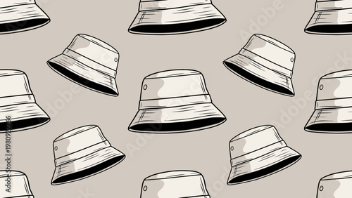 A stylish pattern of hand-drawn bucket hats, each illustrated with simple lines and shading to create depth. The hats are arranged evenly against a soft beige background, highlighting their casual and