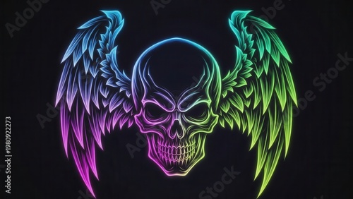 Vibrant Neon Skull with Angelic Wings Illuminating the Darkness in a Modern Art Style