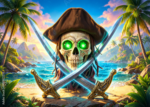 A glowing skull with green eyes in a pirate hat, crossed swords against the backdrop of a vibrant tropical island landscape