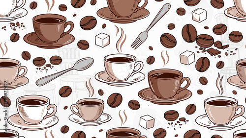 A delightful coffee-themed pattern featuring cups of coffee, coffee beans, sugar cubes, and utensils like spoons and forks. The warm brown tones and floating elements evoke a cozy.