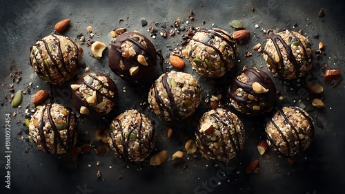 Chocolate drizzled energy balls with nuts on dark background