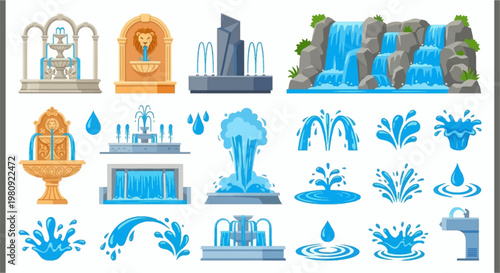 Collection of ornate water fountains and splashing water elements