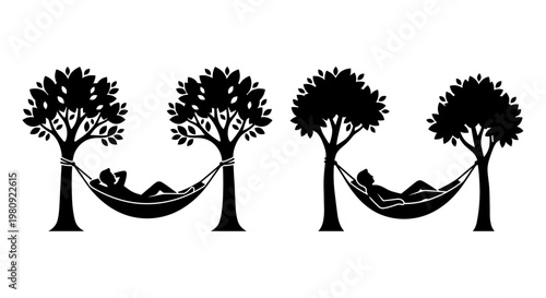 A person relaxing in a hammock strung between stylized trees