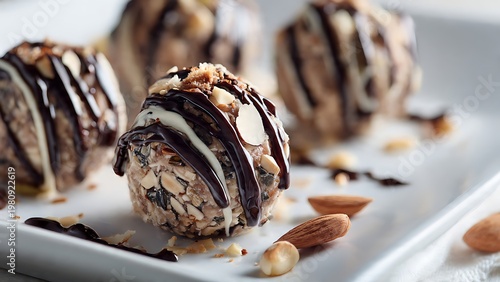 Close up of a healthy energy ball drizzled with chocolate sauce
