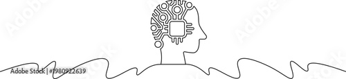 A minimalist line drawing of a human head with a circuit board inside, symbolizing artificial intelligence and technology