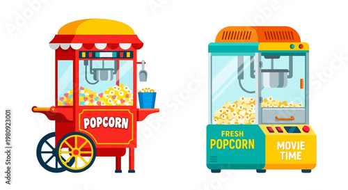 Two colorful popcorn machines are displayed in a cartoon style