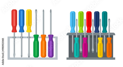 Colorful assortment of screwdrivers neatly organized in a gray storage rack