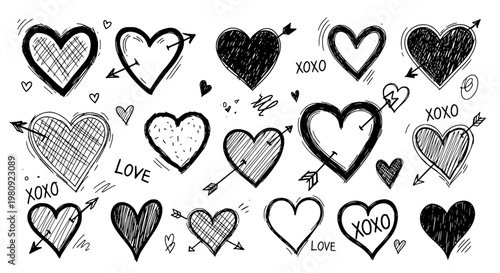 Hearts doodle drawn by hand with grunge scrawls and arrows for love and affection featuring sketch, black and white, romantic with valentine and