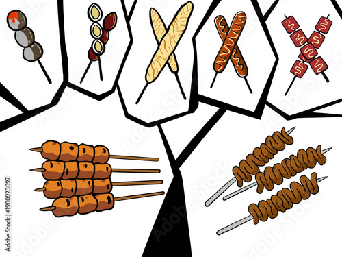 Satay icon set, Colorful illustrations of skewered street food, featuring a variety of grilled and barbecued foods. Perfect for culinary and cultural design projects., not ai generate