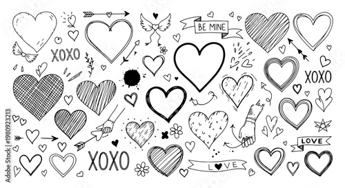 Hearts doodle icons set with hand-drawn style, xoxo love hearts, hearts sketches and romantic valentine elements for greetings