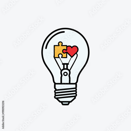 Creative Light Bulb with Puzzle Piece and Heart Icon for Innovative Ideas