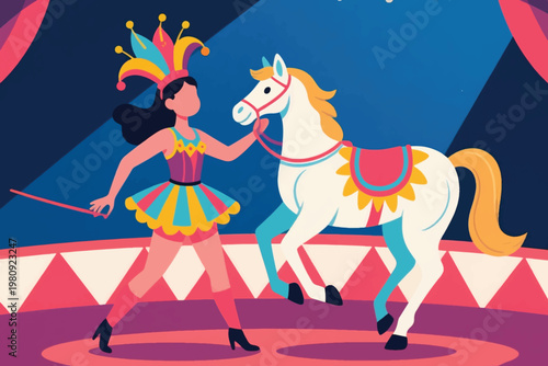 Circus performer in colorful costume leading decorated white horse under striped tent lights, vector illustration.