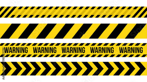 Set of yellow and black warning tape vector graphic featuring diagonal stripes and warning text for construction