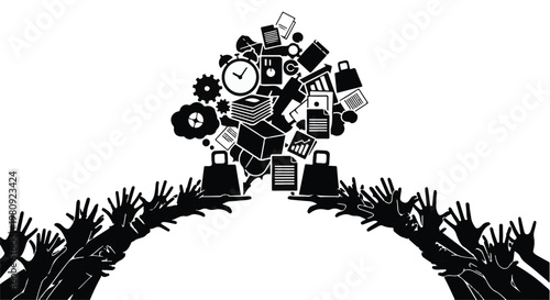 black and white illustration of crowd hands reaching for objects