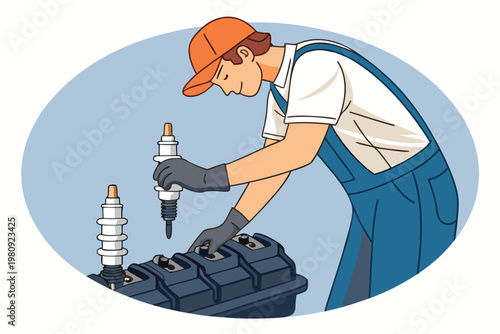 Replacing Spark Plugs Scene Vector Illustration o