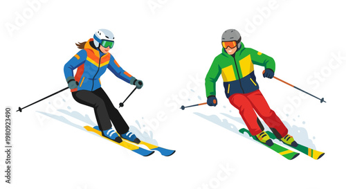 Two skiers descend a snowy slope enjoying winter sports outdoors