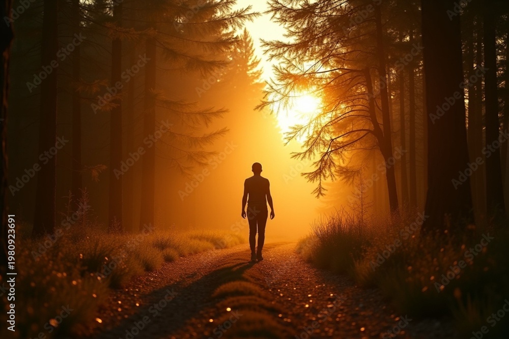 Fototapeta premium Tranquil Forest Scene with Lone Walker at Sunset Glow