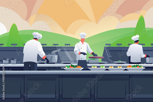 Restaurant Kitchen Busy Hour Scene Vector Illustr