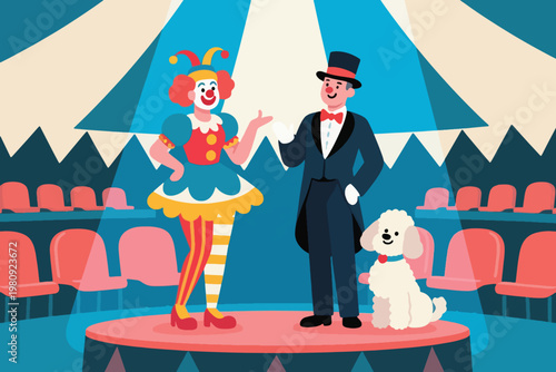 Clown, ringmaster, and poodle on circus stage under striped tent lights with festive atmosphere, vector illustration.