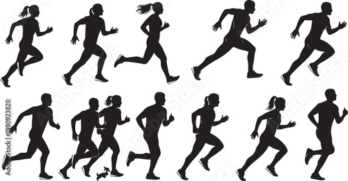 Silhouettes of people running in various dynamic poses together