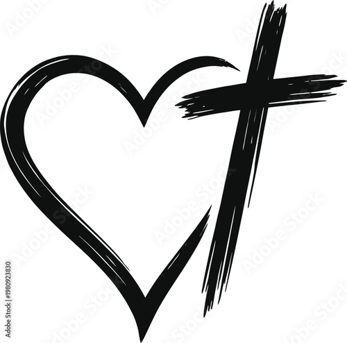 Heart with Brush Stroke Grunge Cross – Black Hand Drawn Ink Christian Religious Faith Love Symbol T-Shirt Vector Design