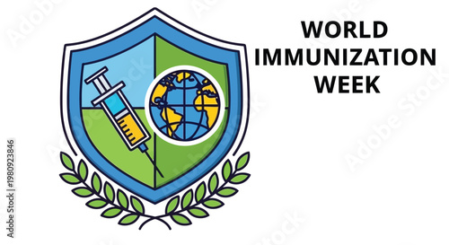 World immunization week emblem featuring a shield syringe and globe illustration
