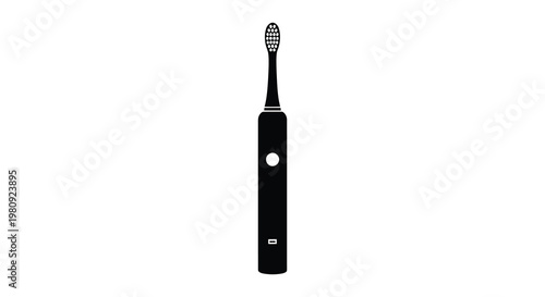 A black electric toothbrush stands prominently displayed against a white background silhouette