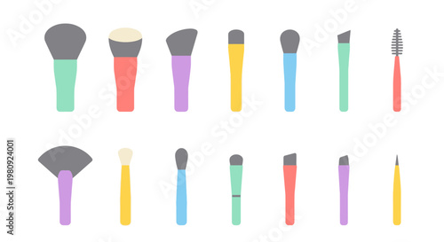 Colorful collection of makeup brushes in a flat vector illustration