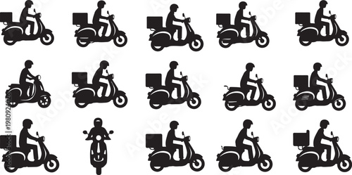 Delivery riders on scooters with boxes in various positions
