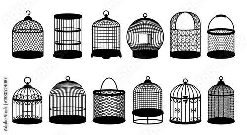 Collection of vintage birdcages in a black and white illustration