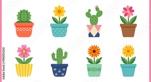 Colorful potted cacti and flowers arranged in a grid pattern