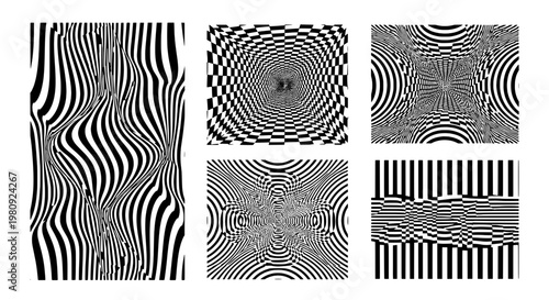 Optical illusion graphic squares with wavy stripes and checkered depth pattern for hypnotic poster design background