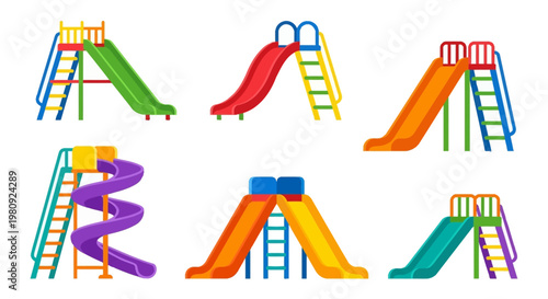 Colorful playground slides in various designs and bright primary colors