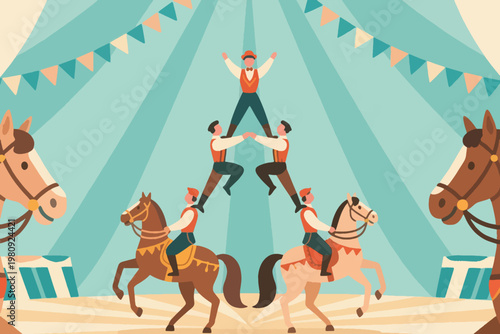Three acrobats balancing on horseback under striped circus tent with festive banners, vector illustration.