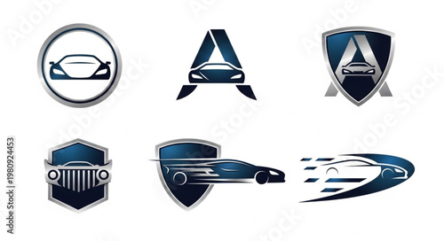 Collection of Car Logos and Emblems with Speed and Shield Designs.