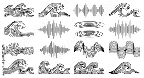 Waves ocean sound symbol set with swirling line art, ripple gradients, and rhythmic vibration icons for marine design