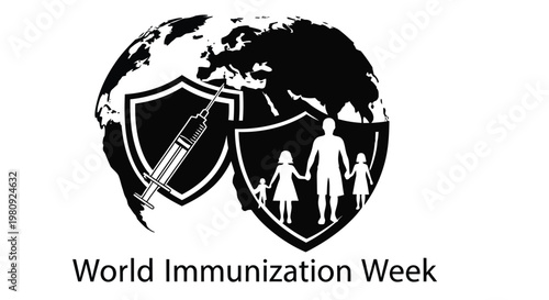 World immunization week graphic featuring a globe shield and family silhouette